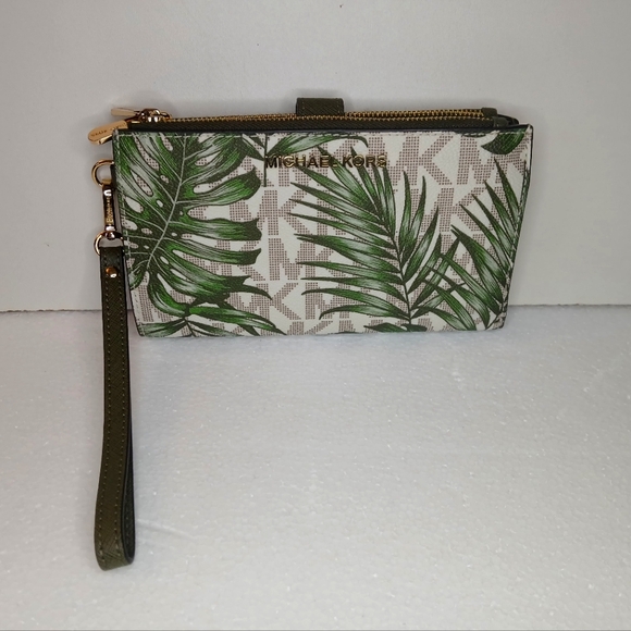Michael Kors Jet Set Travel Double Wristlet Wallet Palm Leaf Monstera Leaf - Picture 1 of 11